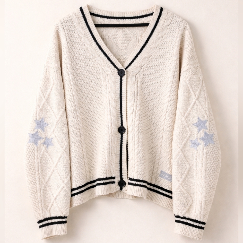 Taylor Swift Women's Inspired Cream Star Oversize Cable Knit Cardigan Size XL.